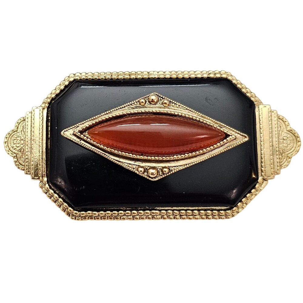 1928 Brand Art Deco Style Oval Cornelian Glass Bar Brooch Black Lucite Pin C867 - Picture 2 of 9